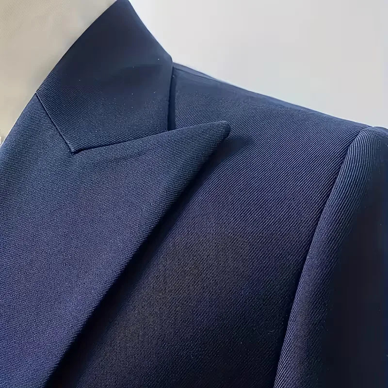 Mens slim fit three piece suit with single breasted blazer, double breasted waistcoat and trousers
