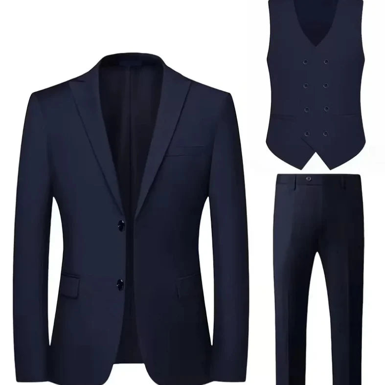 Mens slim fit three piece suit with single breasted blazer, double breasted waistcoat and trousers