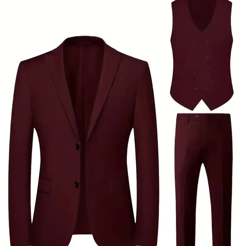 Mens slim fit three piece suit with single breasted blazer, double breasted waistcoat and trousers
