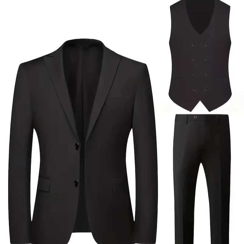 Mens slim fit three piece suit with single breasted blazer, double breasted waistcoat and trousers