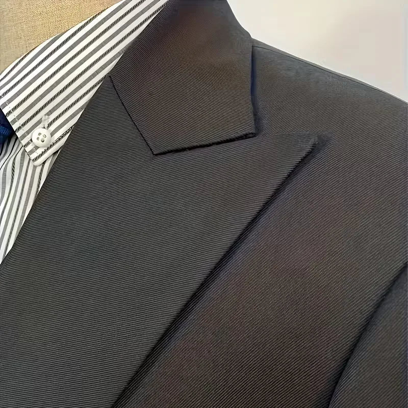 Mens slim fit three piece suit with single breasted blazer, double breasted waistcoat and trousers