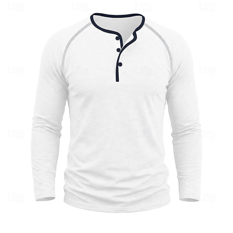 Long Sleeve Henley Shirt with Button Placket and Raglan Sleeves