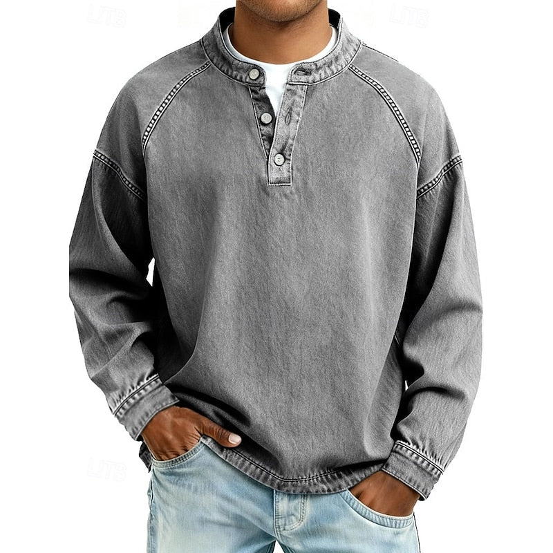 Henley Shirt with Button Placket and Raglan Sleeves, Standing Collar