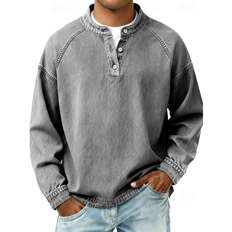Washed Henley Shirt with Stand Collar and Raglan Sleeves, Relaxed Fit