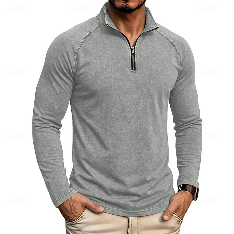 Mens Zip Collar Top with Relaxed Fit and Soft Draping Fabric