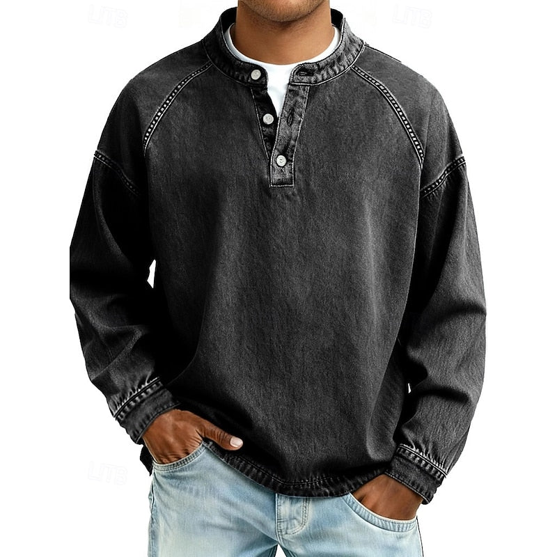 Henley Shirt with Button Placket and Raglan Sleeves, Standing Collar