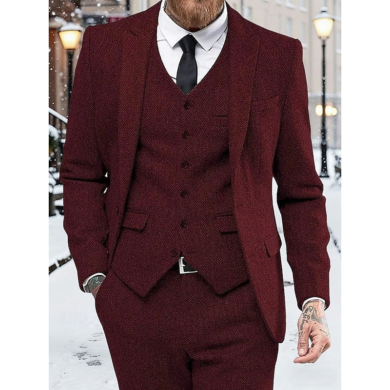 Mens Three Piece Suit with Single Breasted Jacket and Tailored Waistcoat