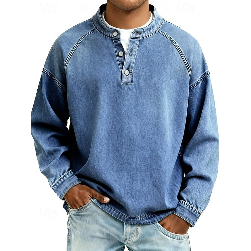 Henley Shirt with Button Placket and Raglan Sleeves, Standing Collar