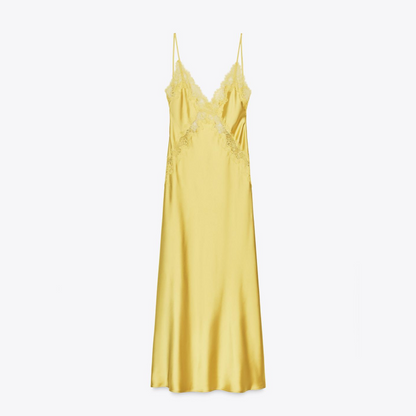 Yellow Satin Midi Lace Dress