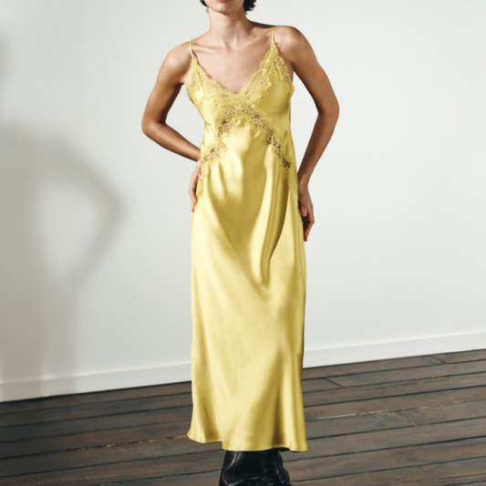 Yellow Satin Midi Lace Dress