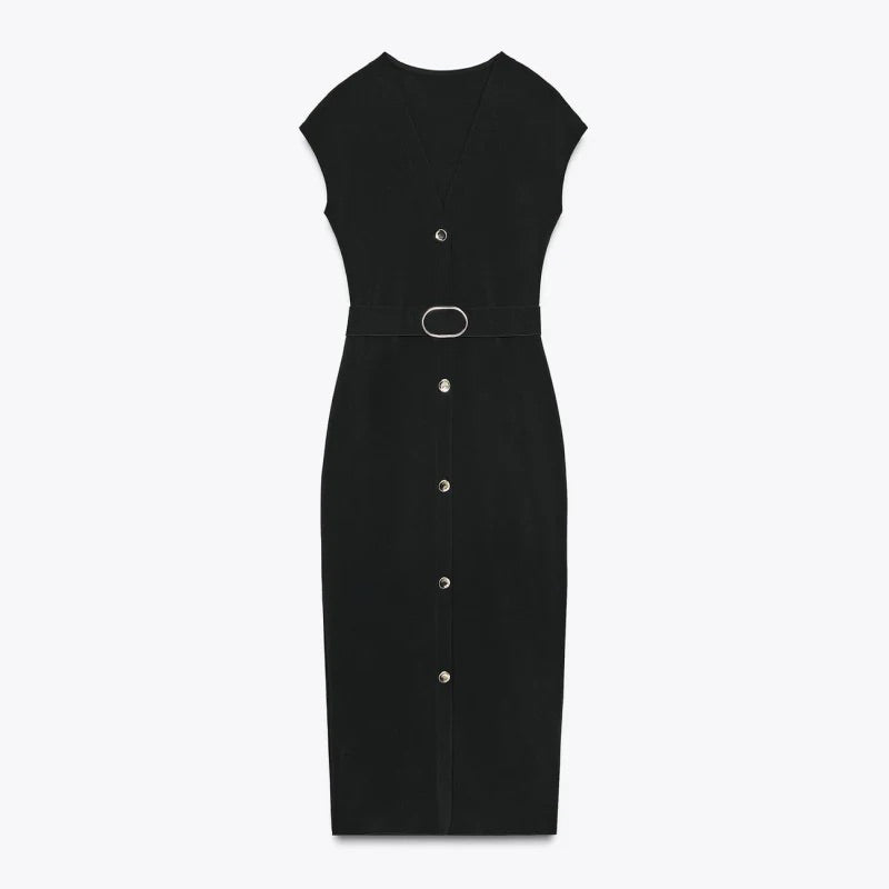 Black Belted V-Neck Midi Dress with Buttons Closure