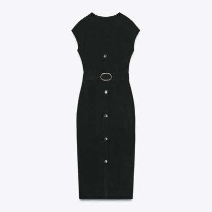 Black Belted V-Neck Midi Dress with Buttons Closure