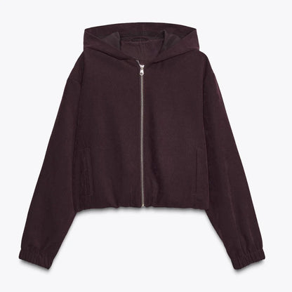 Burgundy Hooded Bomber Jacket with Zip