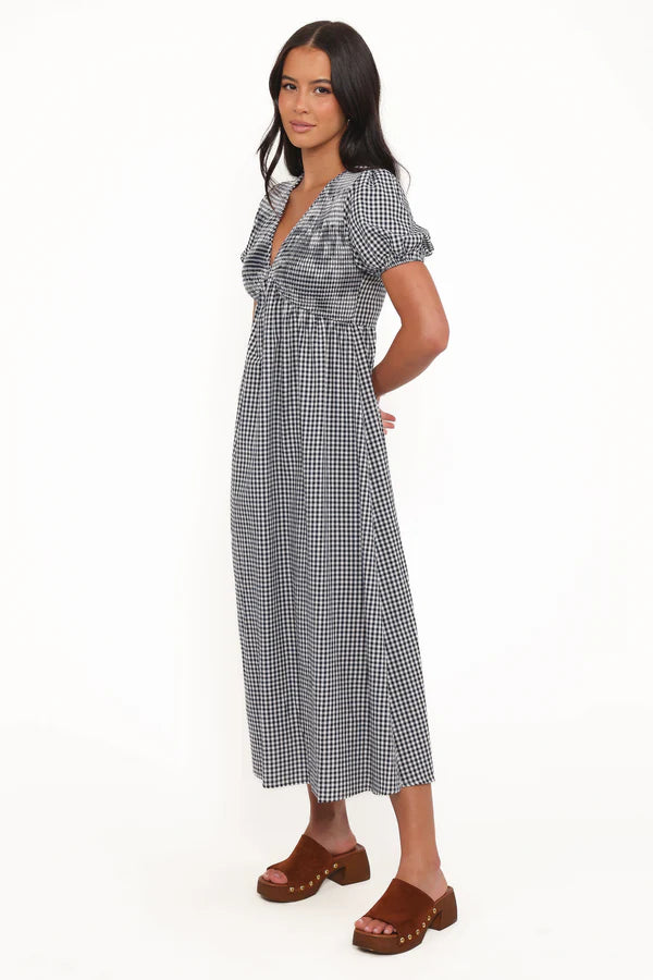 Women’s Short Sleeve Maxi Dress, Gingham V-Neck Flowy Dress