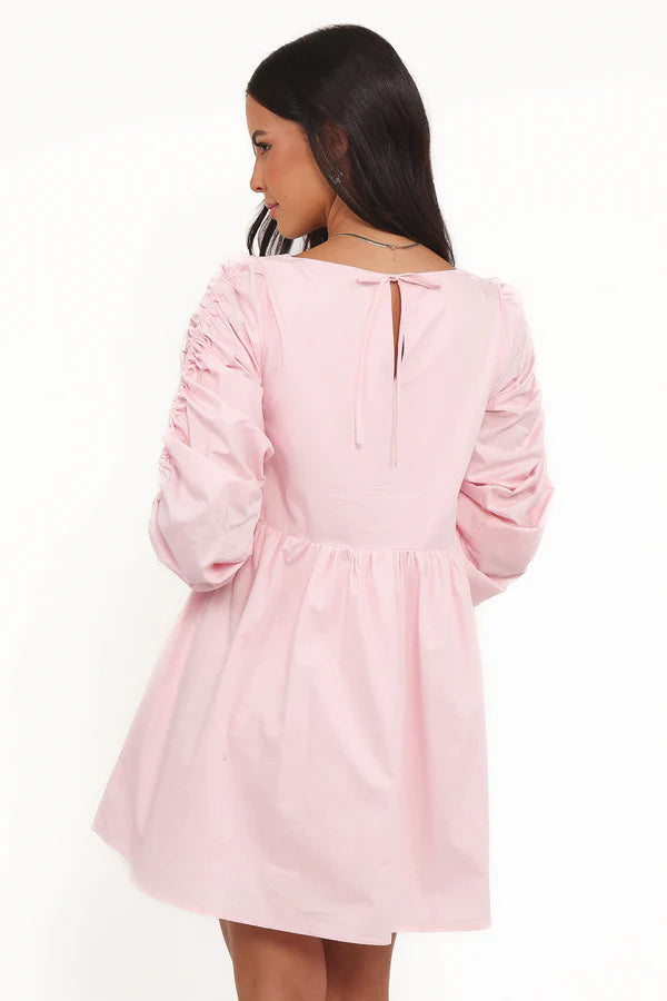 Women’s Long Sleeve Smocked Mini Dress, High Neck Pink Dress