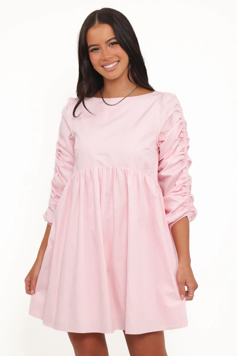 Women’s Long Sleeve Smocked Mini Dress, High Neck Pink Dress