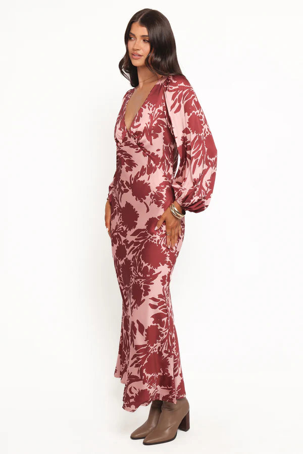 Women’s Long Sleeve Maxi Dress, Satin Floral V-Neck Dress