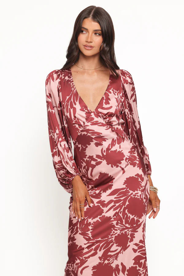 Women’s Long Sleeve Maxi Dress, Satin Floral V-Neck Dress