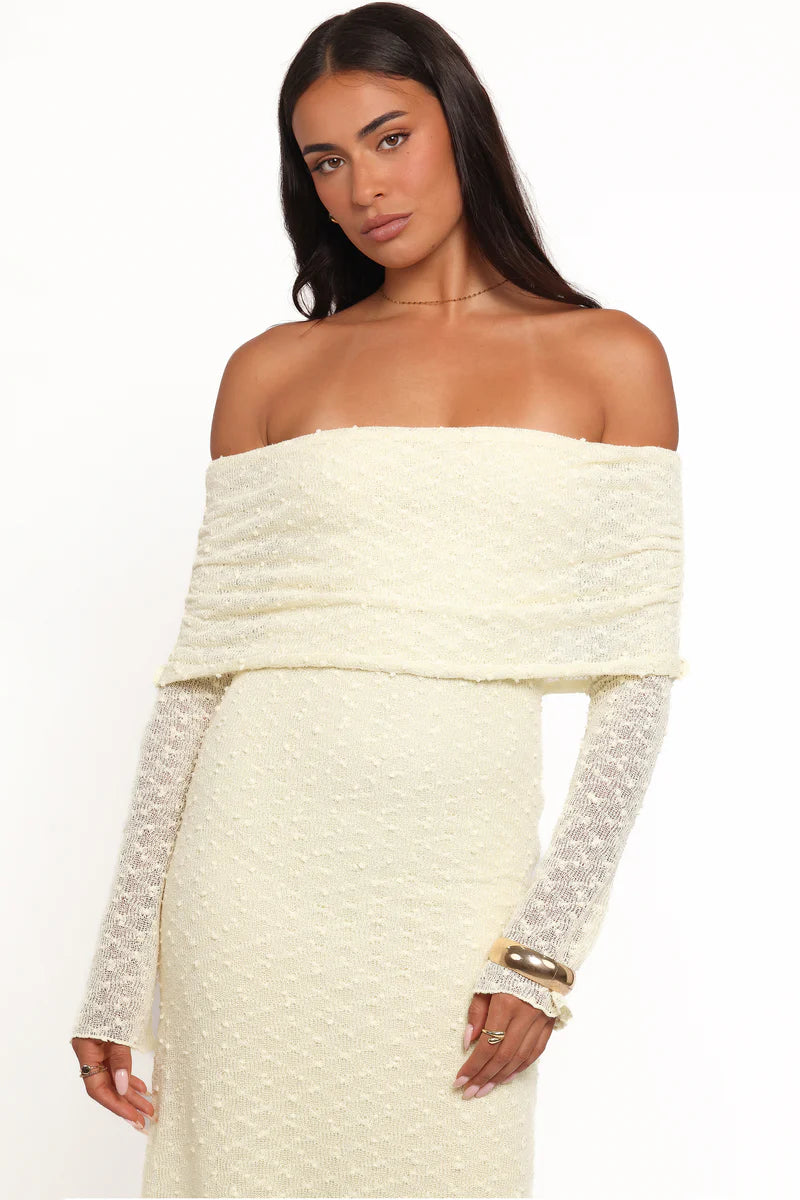 Women’s Off-Shoulder Midi Dress, Long Sleeve Bodycon Knit