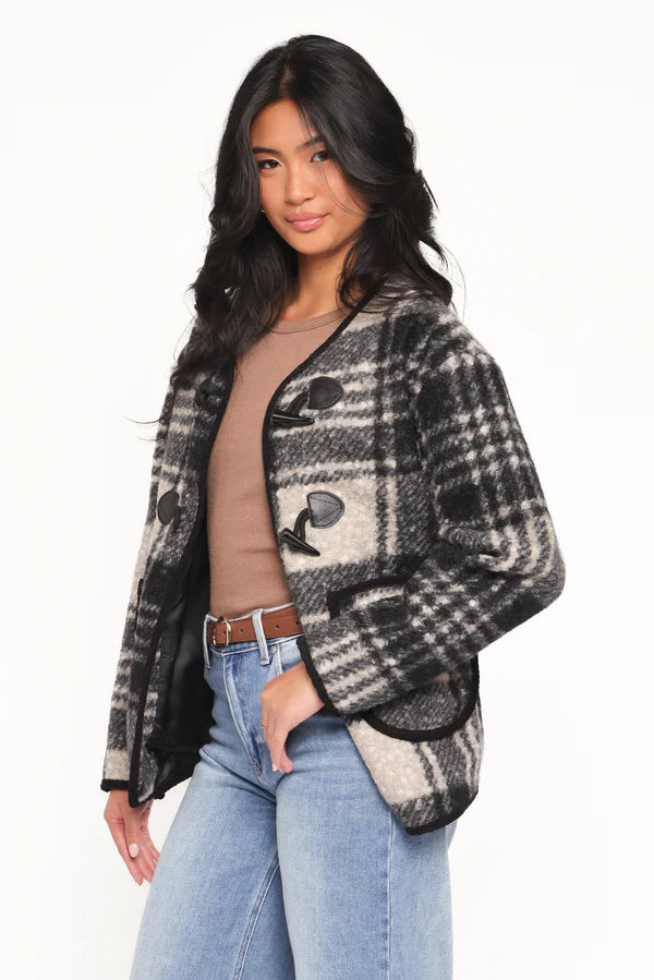 Women’s Plaid Jacket, Lined V-Neck Toggle Front Jacket