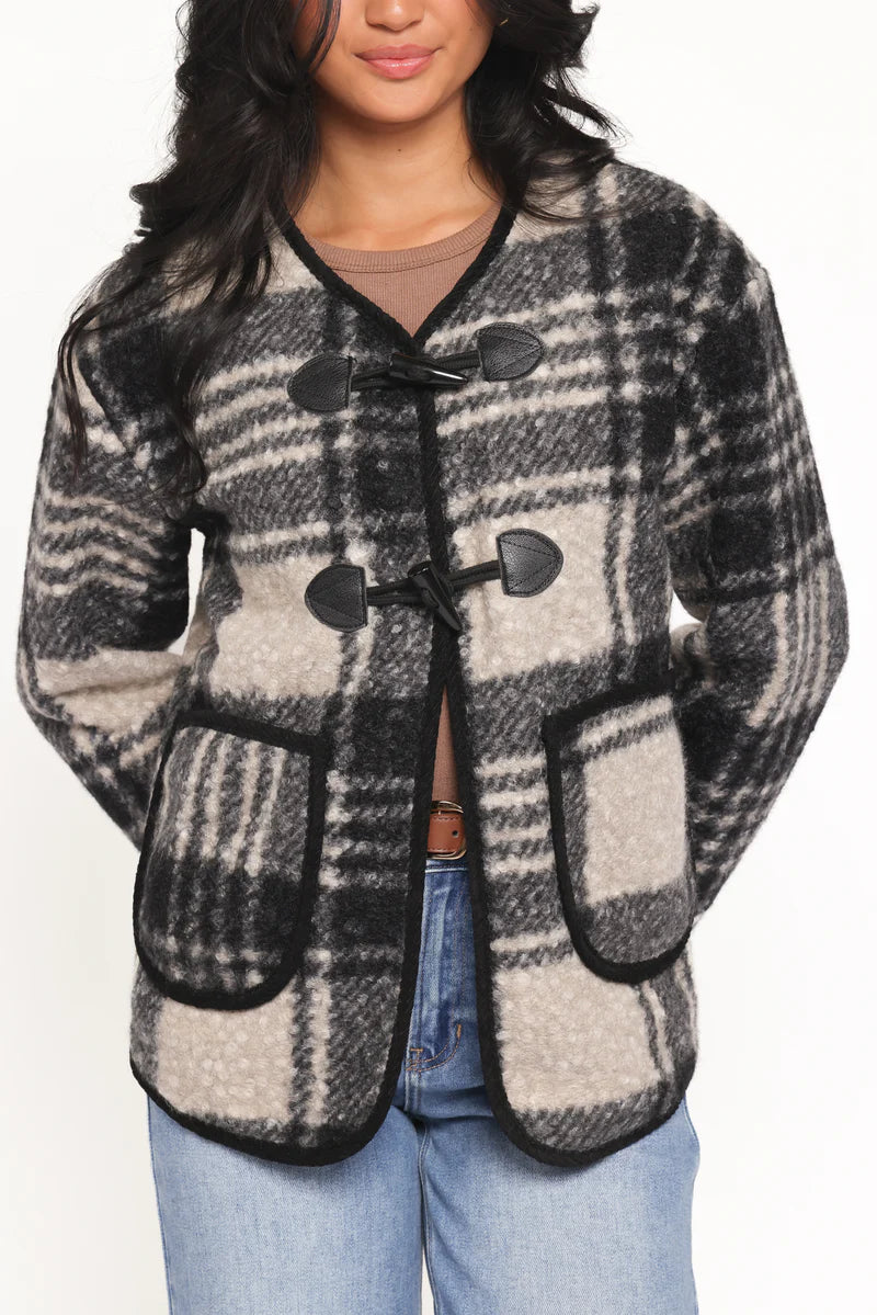 Women’s Plaid Jacket, Lined V-Neck Toggle Front Jacket