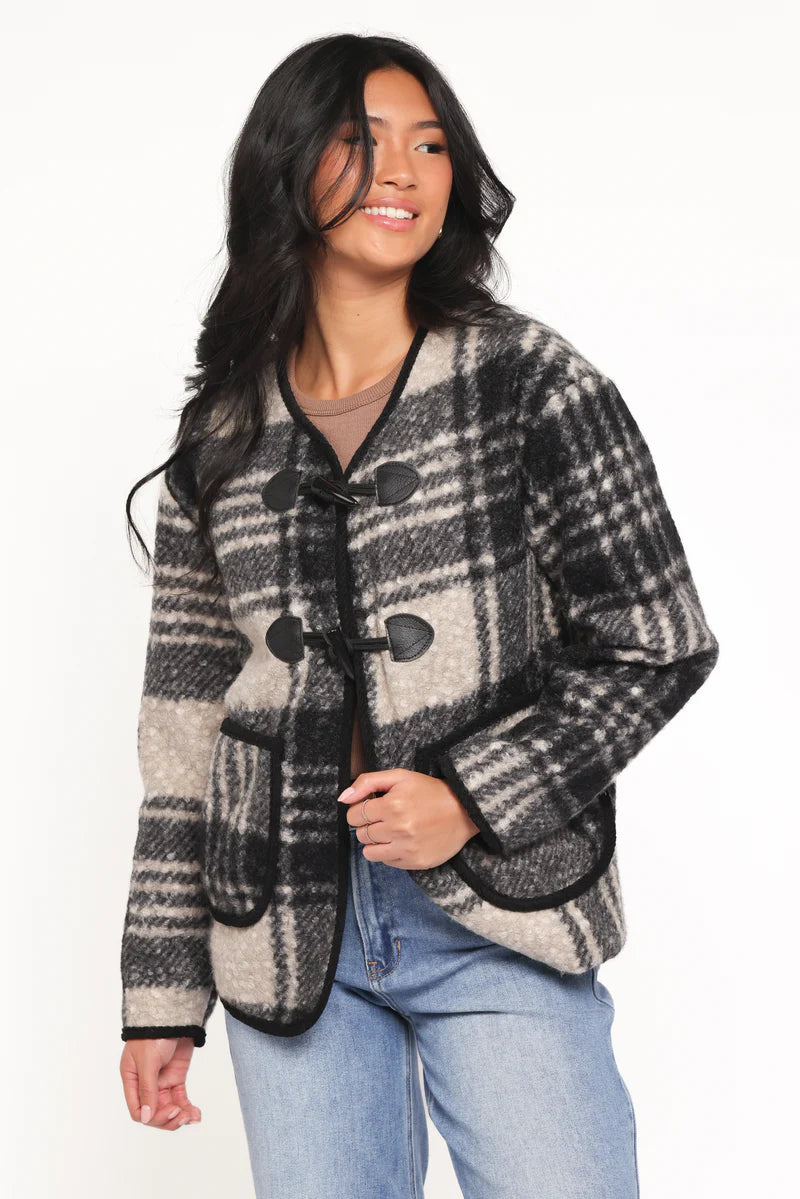 Women’s Plaid Jacket, Lined V-Neck Toggle Front Jacket