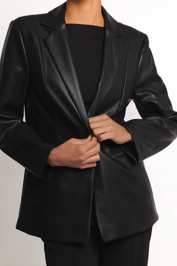 Women’s Faux Leather Blazer, Notch Lapel Single Button Blazer
