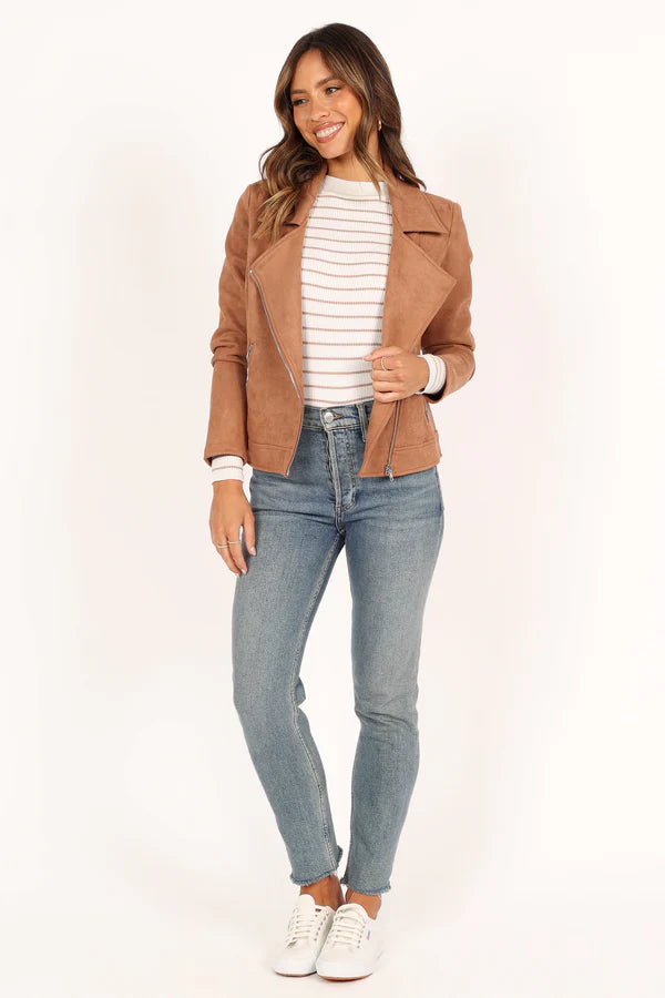 Women’s Faux Suede Moto Jacket, Collared Zip Front Jacket