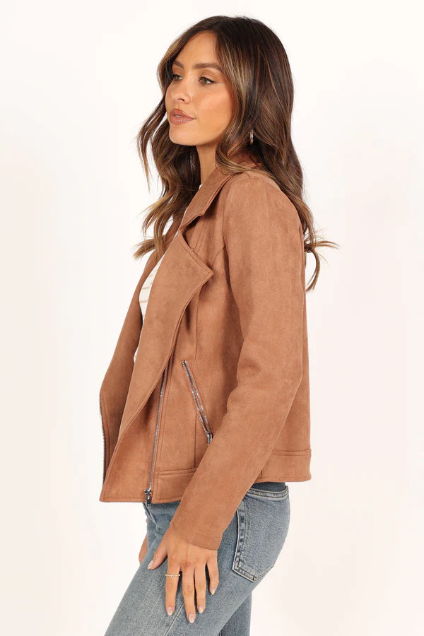 Women’s Faux Suede Moto Jacket, Collared Zip Front Jacket