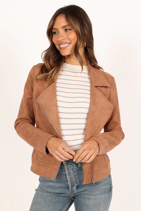 Women’s Faux Suede Moto Jacket, Collared Zip Front Jacket