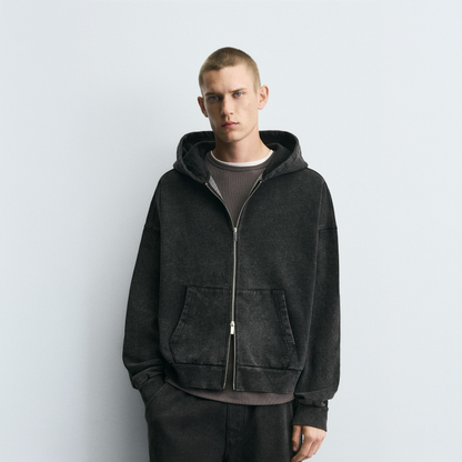 Dark Gray Washed Hooded Zip Sweatshirt