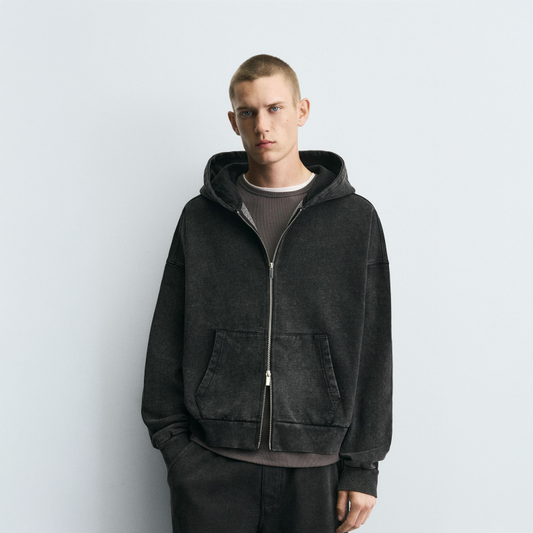 Dark Gray Washed Hooded Zip Sweatshirt