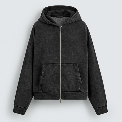 Dark Gray Washed Hooded Zip Sweatshirt
