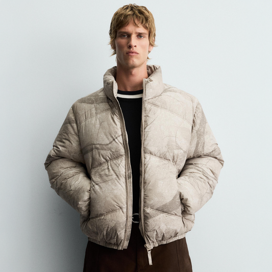 Abstract Beige Print Puffer Jacket