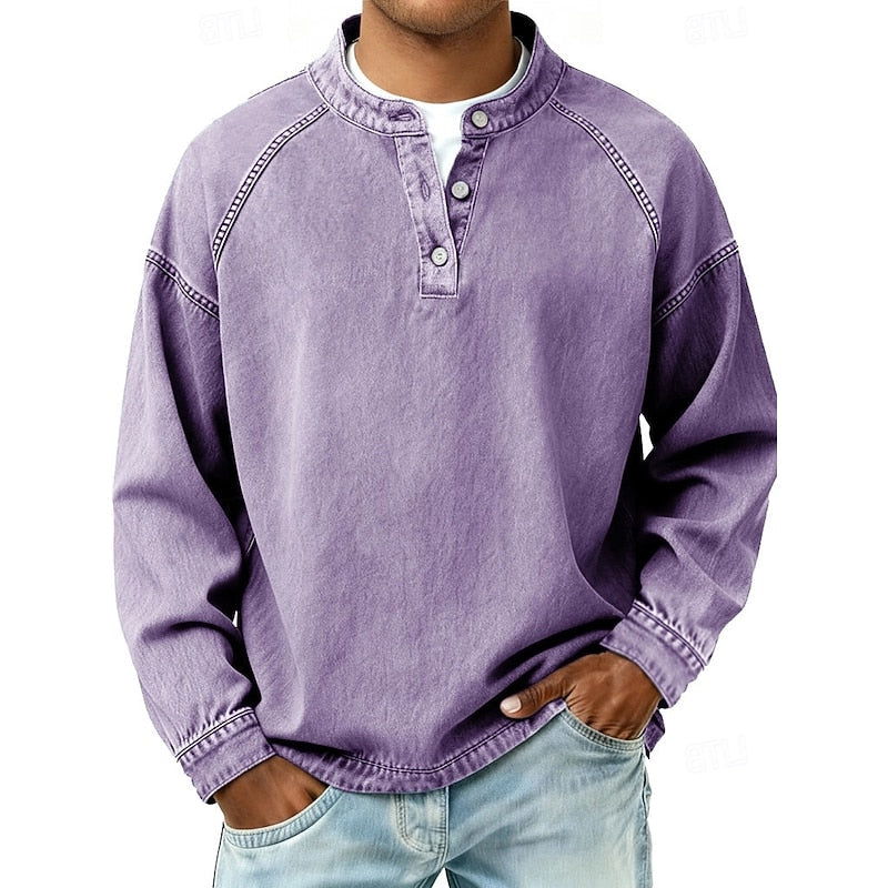 Henley Shirt with Button Placket and Raglan Sleeves, Standing Collar