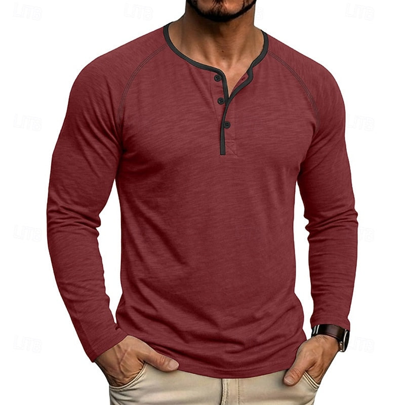 Long Sleeve Henley Shirt with Button Placket and Raglan Sleeves