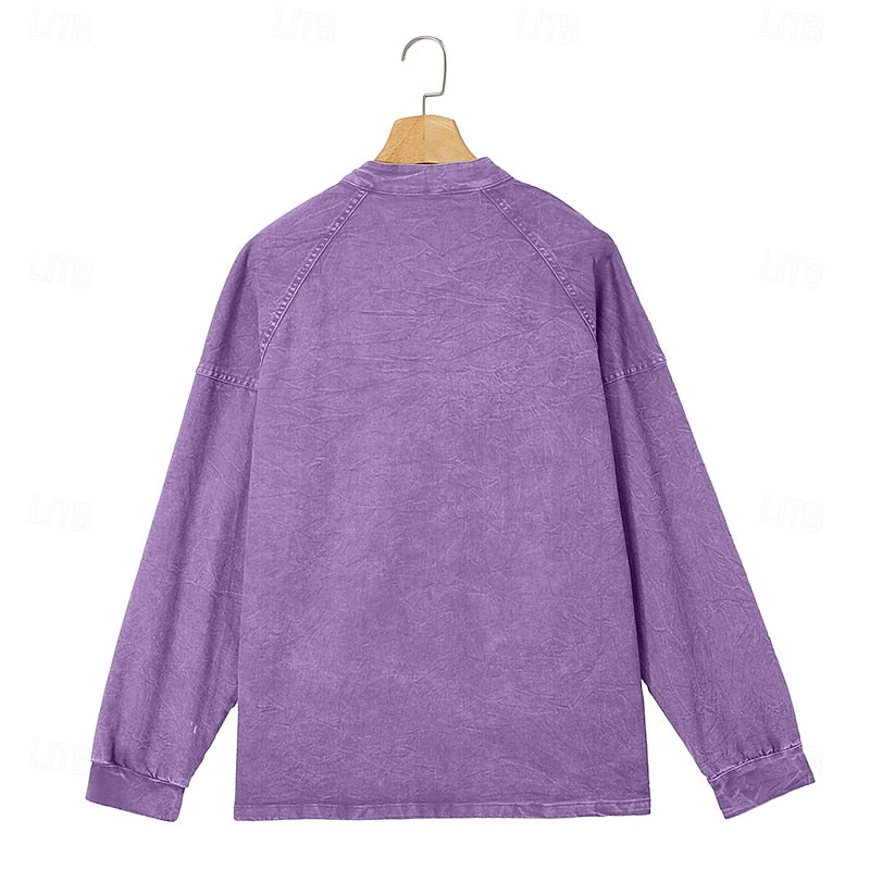 Henley Shirt with Button Placket and Raglan Sleeves, Standing Collar