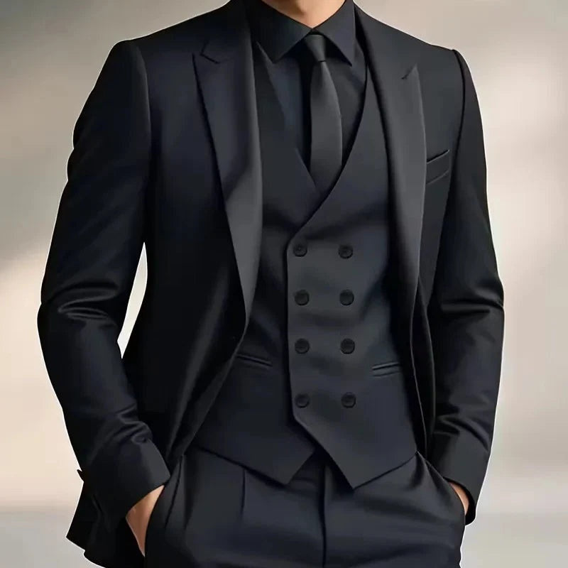 Mens slim fit three piece suit with single breasted blazer, double breasted waistcoat and trousers