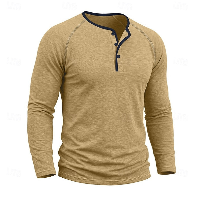 Long Sleeve Henley Shirt with Button Placket and Raglan Sleeves