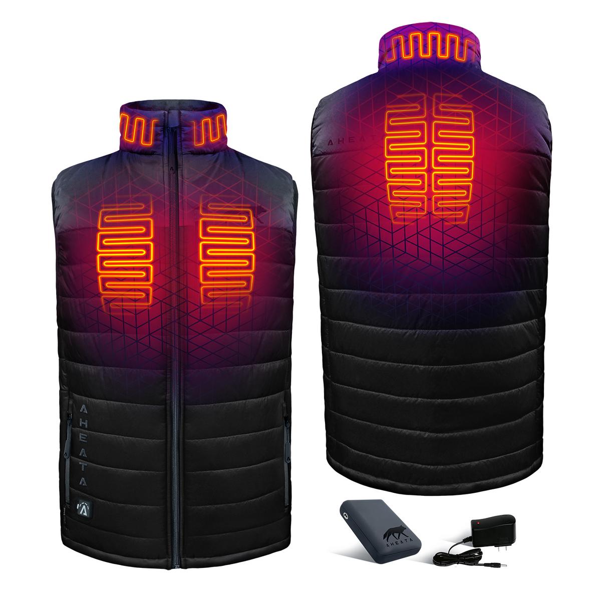 Heated vest showing internal heating elements with battery pack and charger