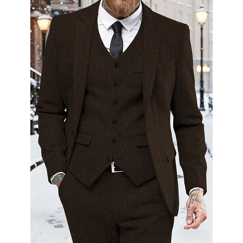 Mens Three Piece Suit with Single Breasted Jacket and Tailored Waistcoat