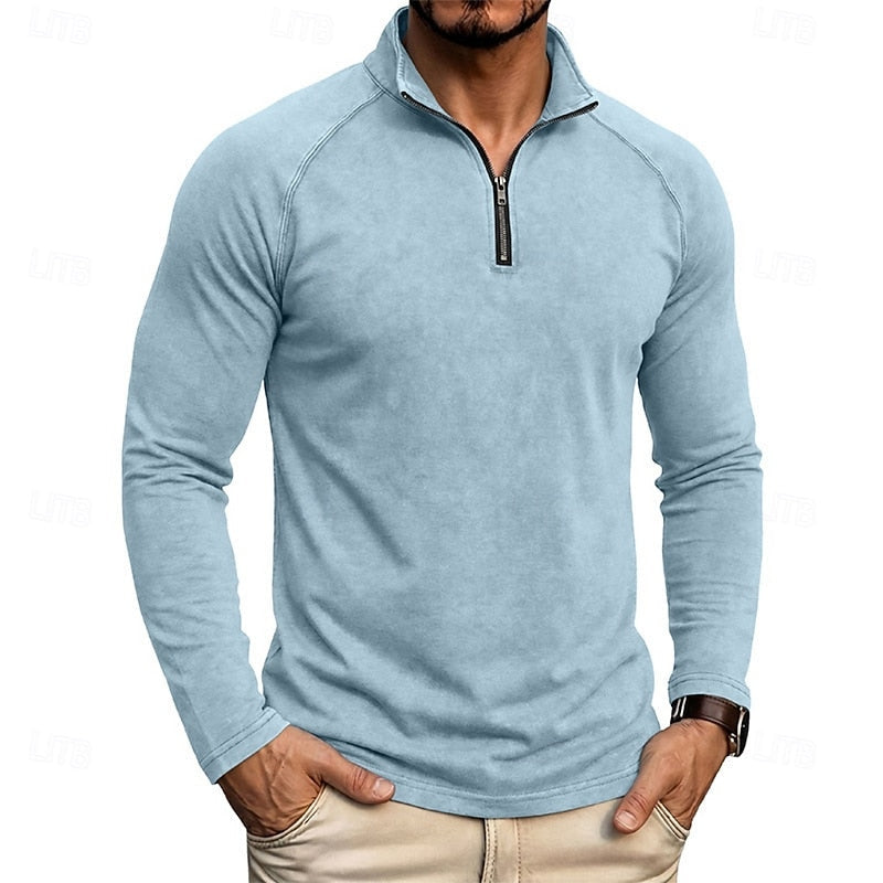 Mens Zip Collar Top with Relaxed Fit and Soft Draping Fabric