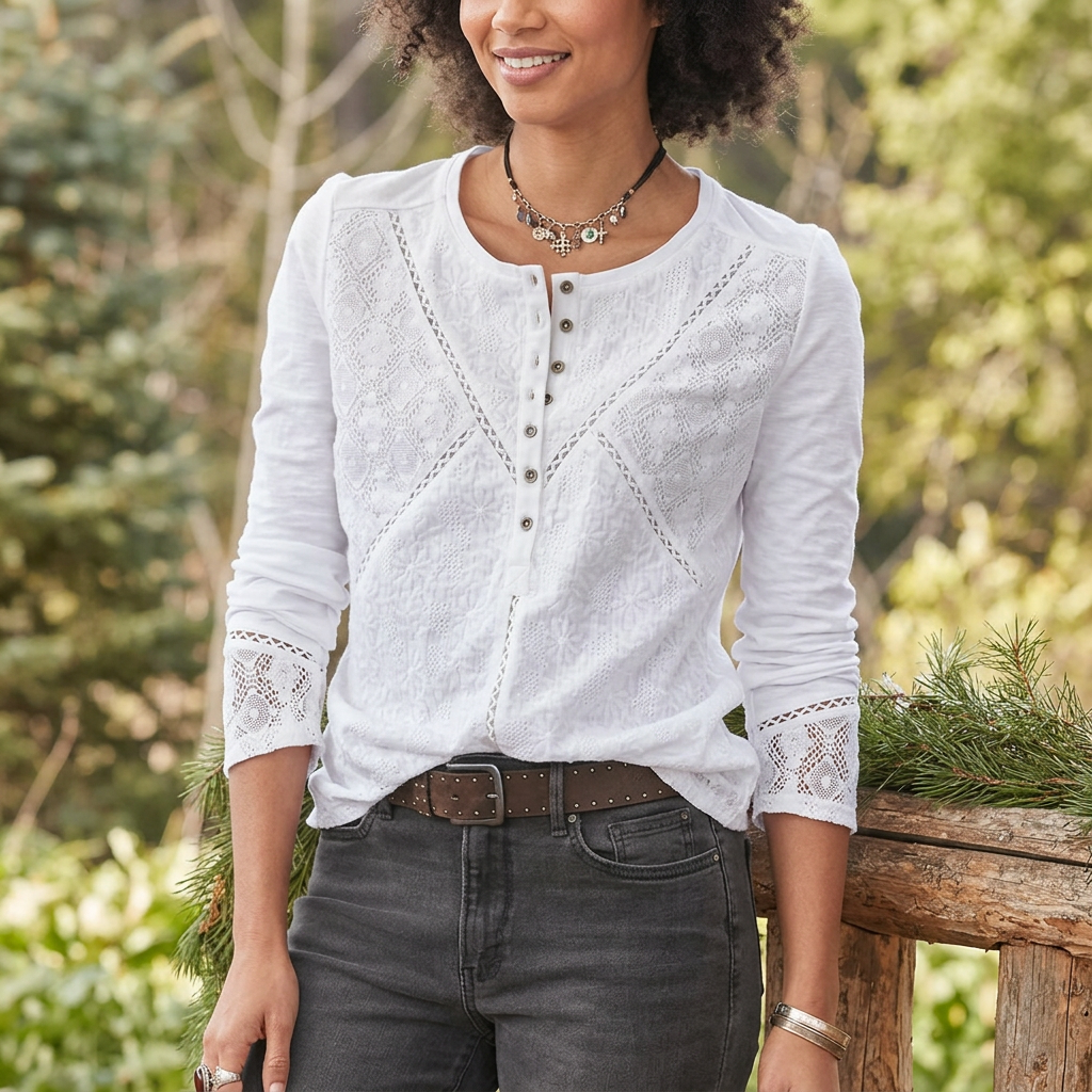 White Lace Henley Top with Button Placket, Long Sleeves and Relaxed Fit