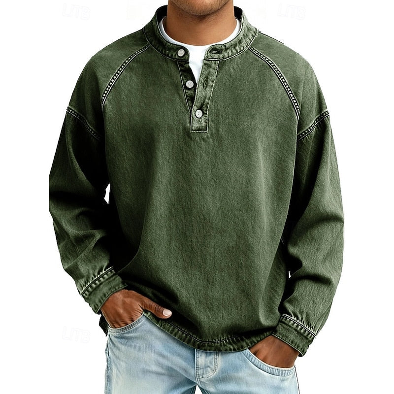Henley Shirt with Button Placket and Raglan Sleeves, Standing Collar