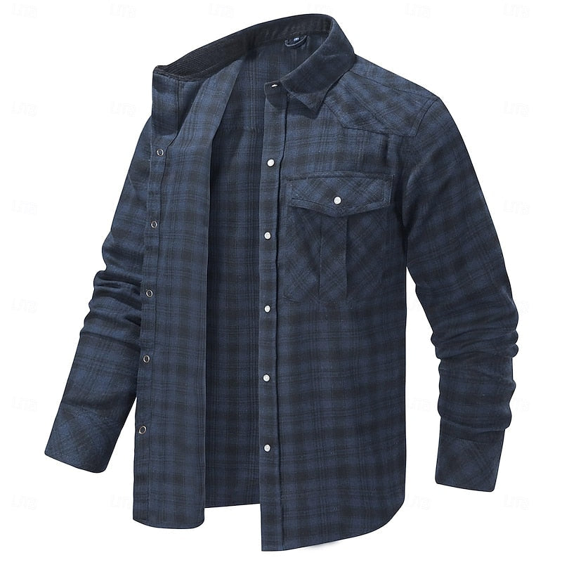 Plaid Overshirt with Lined Collar and Snap Front Closure, Dual Chest Pockets
