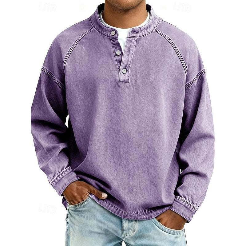 Washed Henley Shirt with Stand Collar and Raglan Sleeves, Relaxed Fit