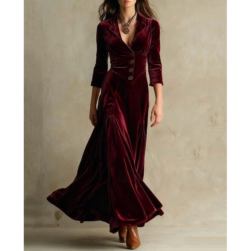 Floor Length Maxi Dress with Deep V Neckline and Button Front Bodice, Long Sleeves
