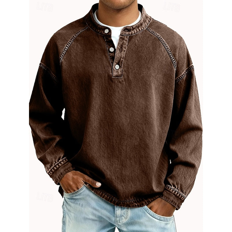 Henley Shirt with Button Placket and Raglan Sleeves, Standing Collar