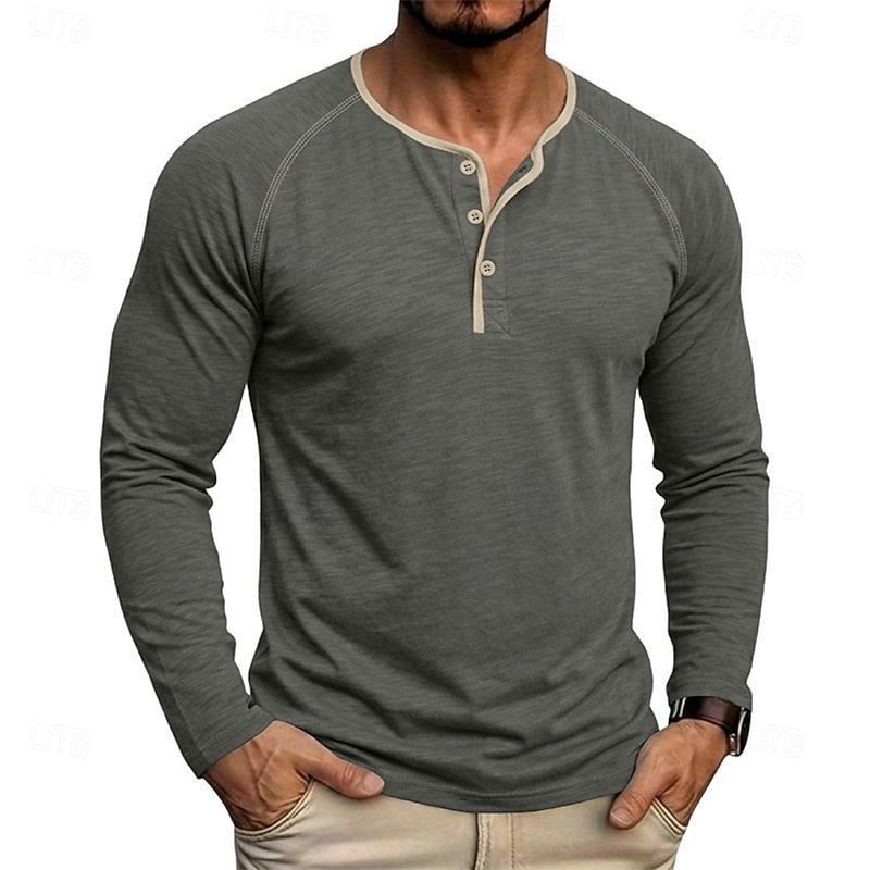 Long Sleeve Henley Shirt with Button Placket and Raglan Sleeves